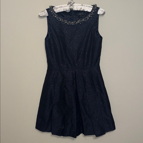 Tahari ASL Navy Blue Sleeveless Dress Metallic Silver w/ Embellished Neckline DD - Picture 1 of 7